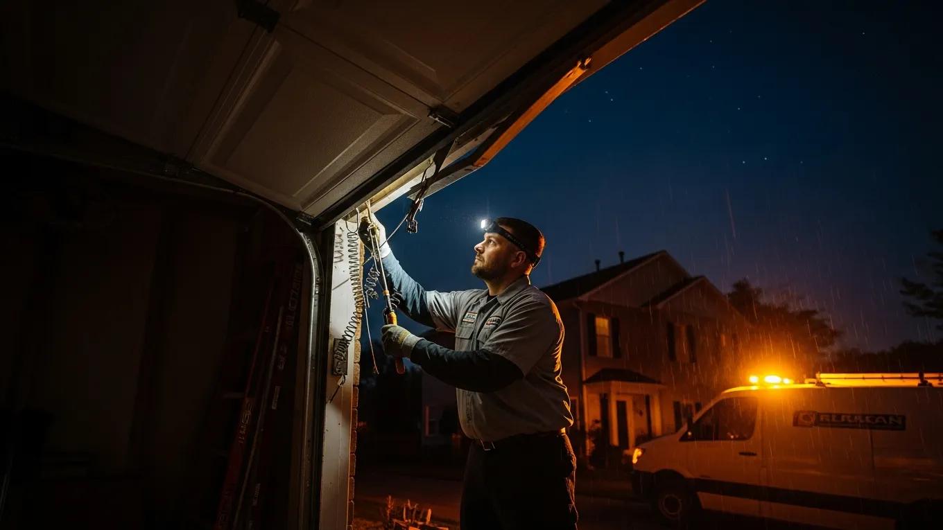 Technician addressing emergency garage door repair during nighttime, illustrating urgent service