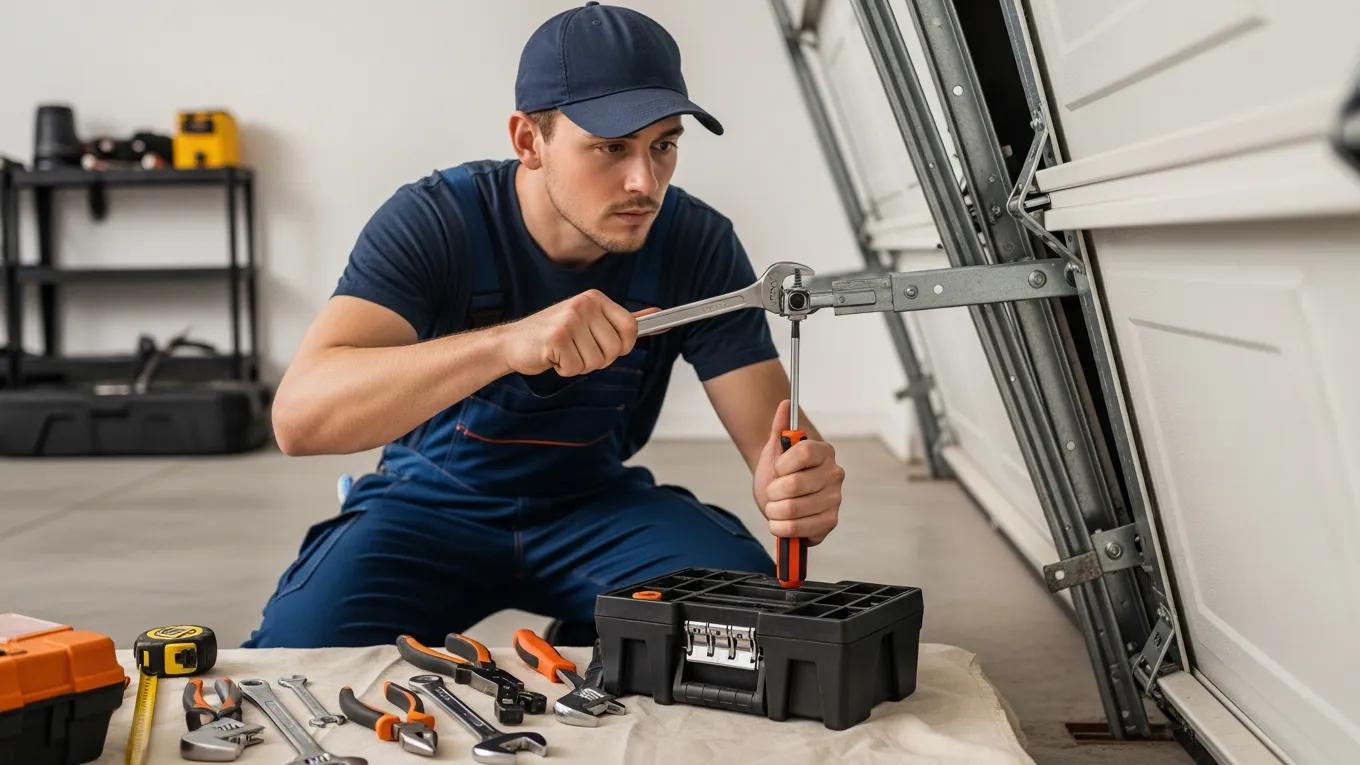 Technician repairing a garage door, tools in hand, representing garage door repair services