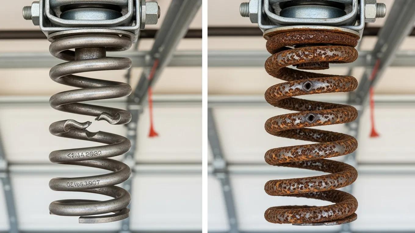 Close-up view of broken garage door springs showing visual signs like rust and coil gaps