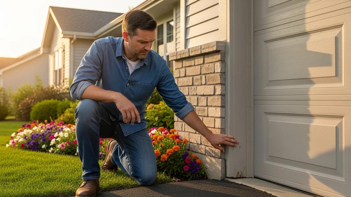 Homeowner inspecting garage door issues emphasizing repair and maintenance