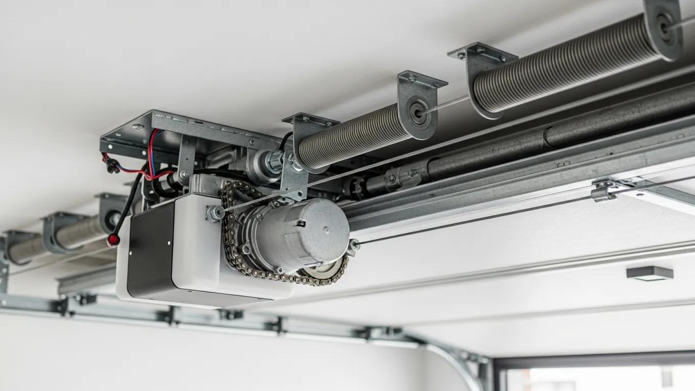 Modern garage door with visible opener and springs illustrating common issues such as malfunction