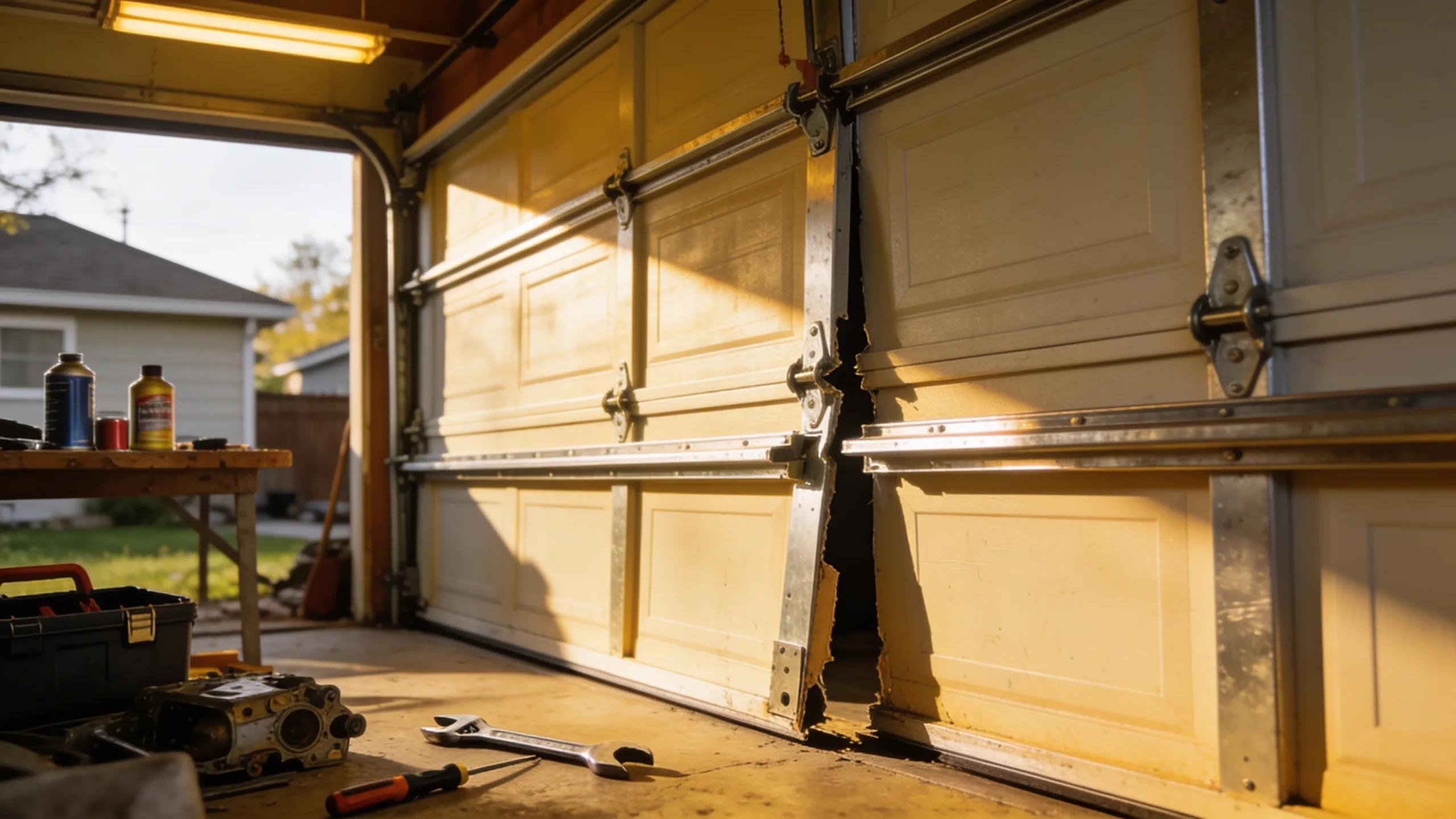 Garage door partially off track in a suburban garage setting, highlighting maintenance challenges