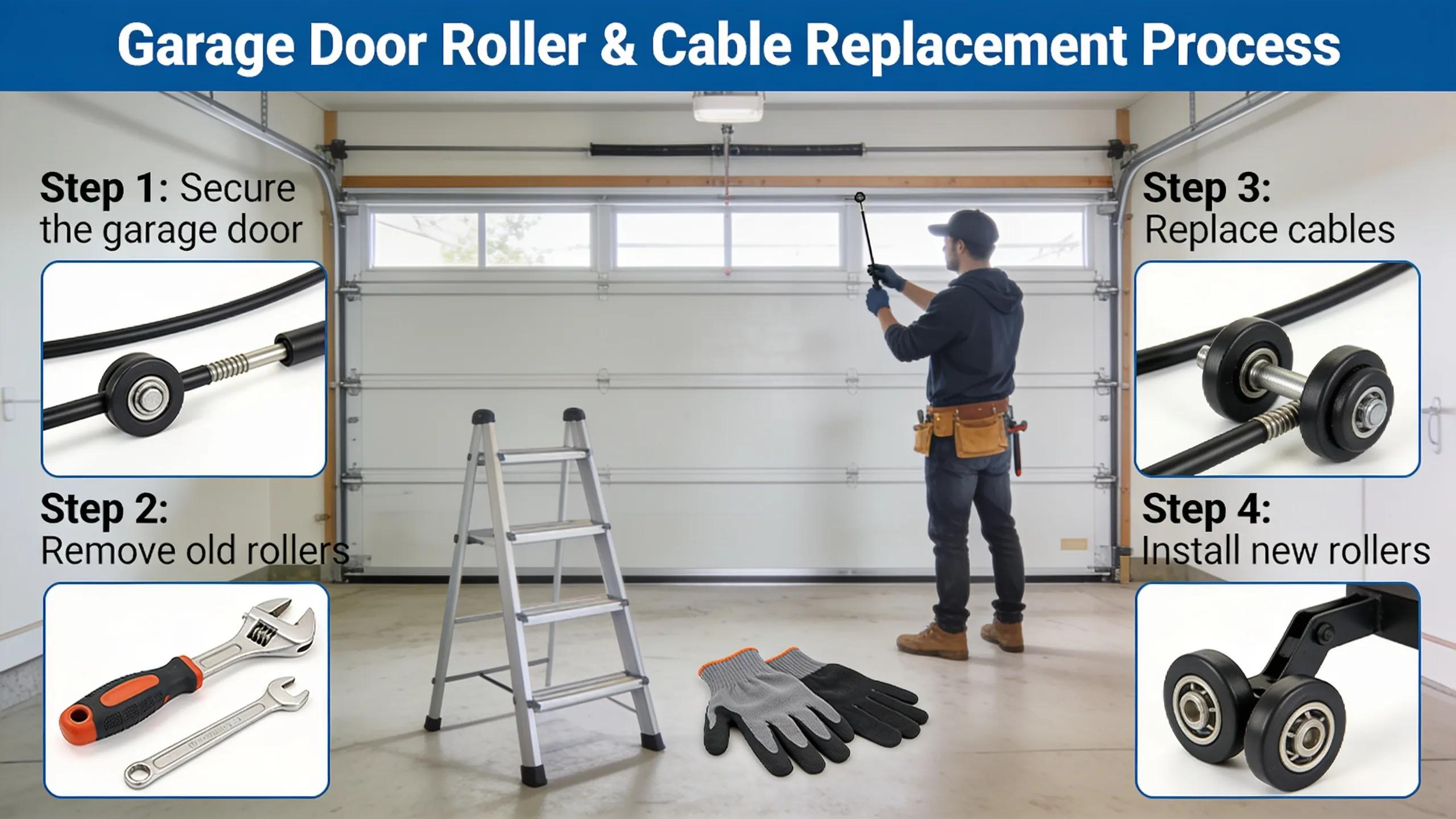 Tools and components for garage door roller and cable replacement