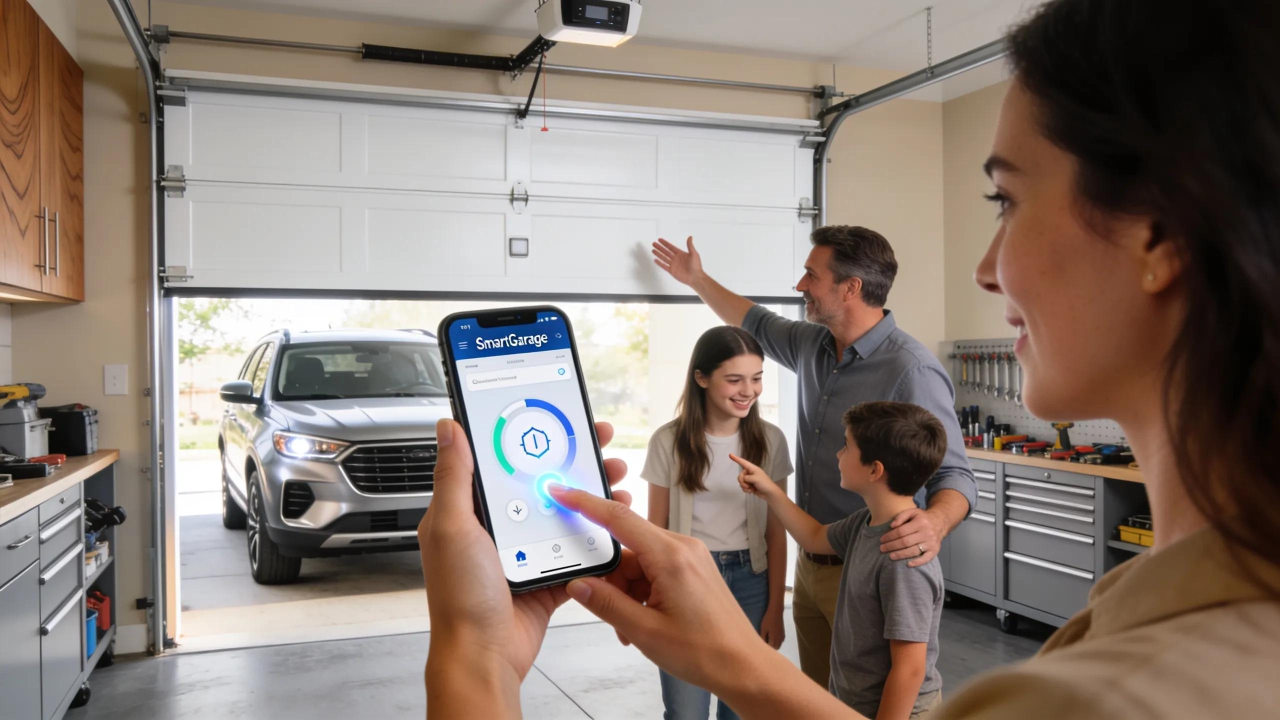 Family using a smart garage door opener showcasing convenience and technology