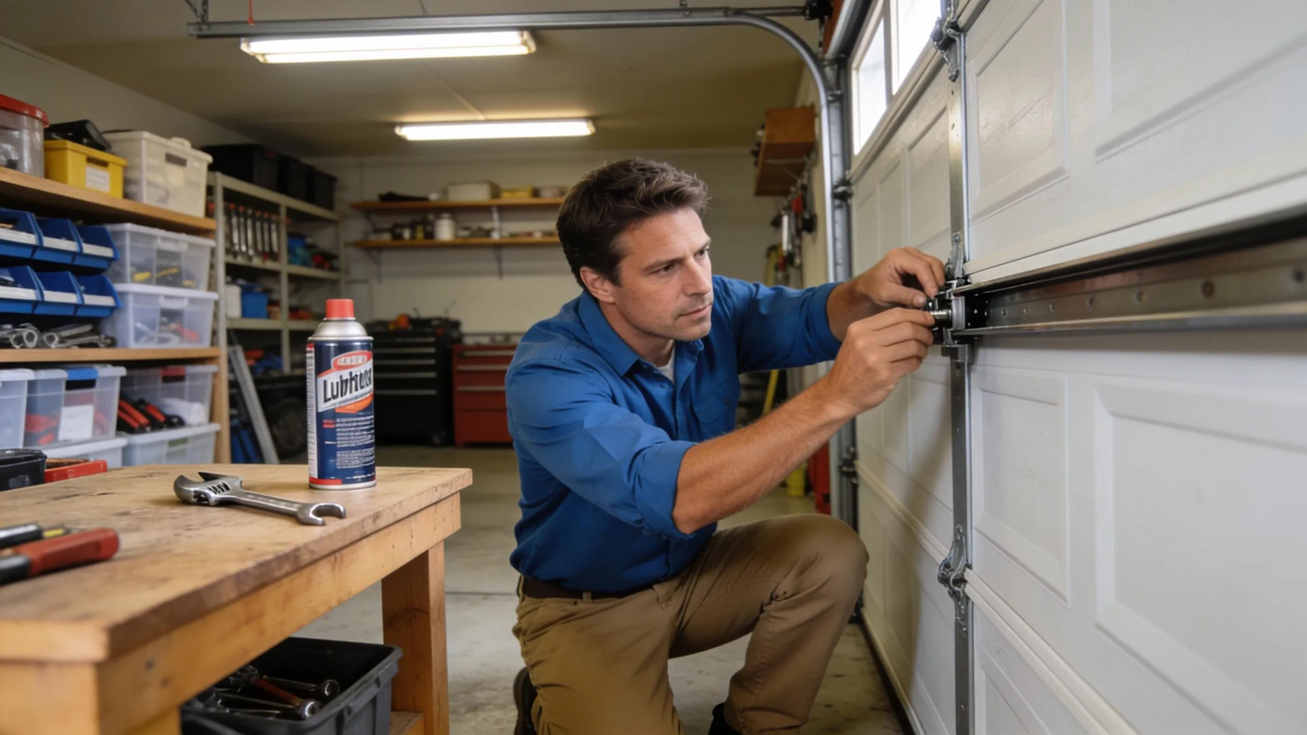Homeowner inspecting a noisy garage door with tools for repair