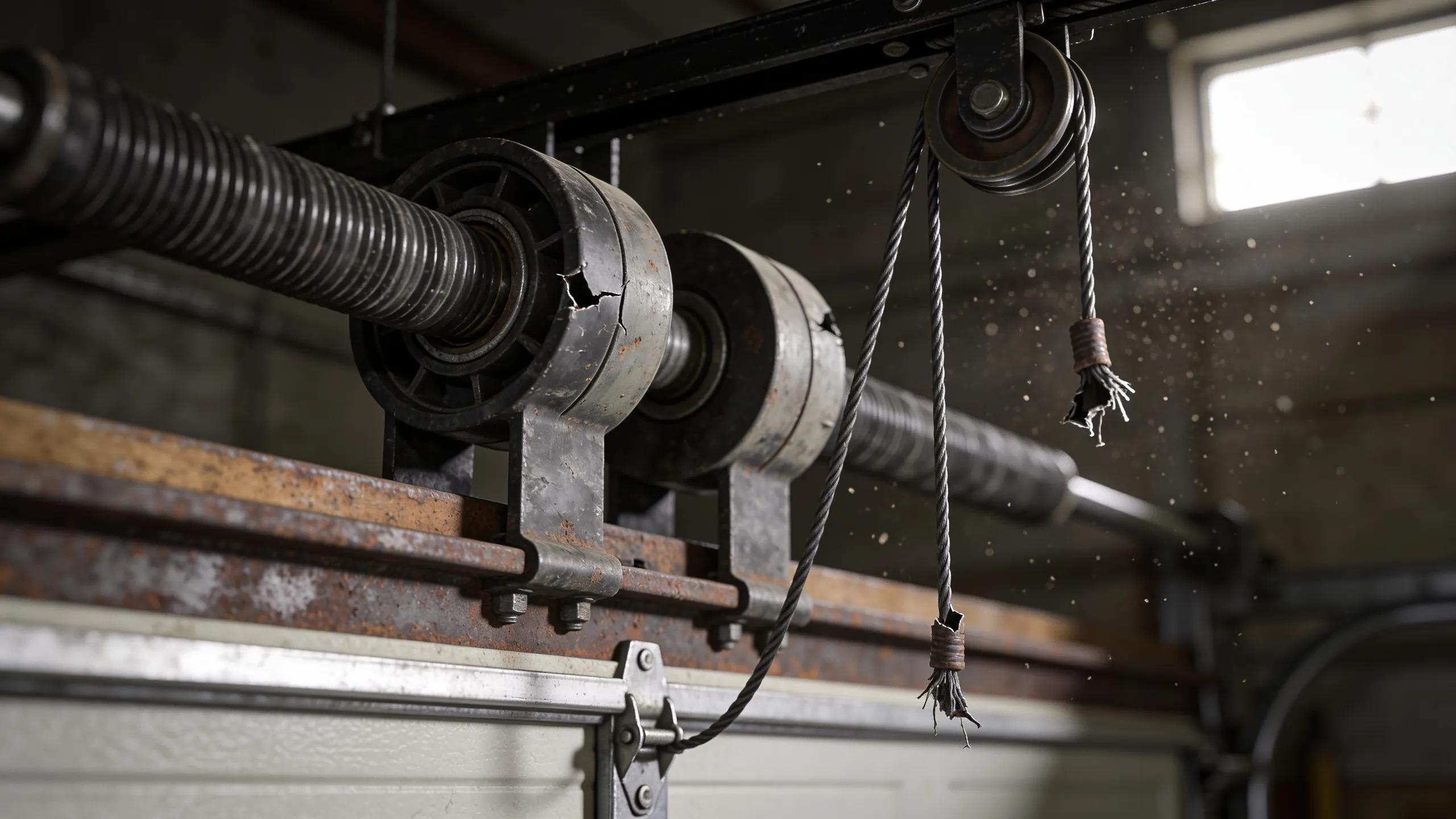 Close-up of worn rollers and broken cables of a garage door, indicating potential mechanical failure