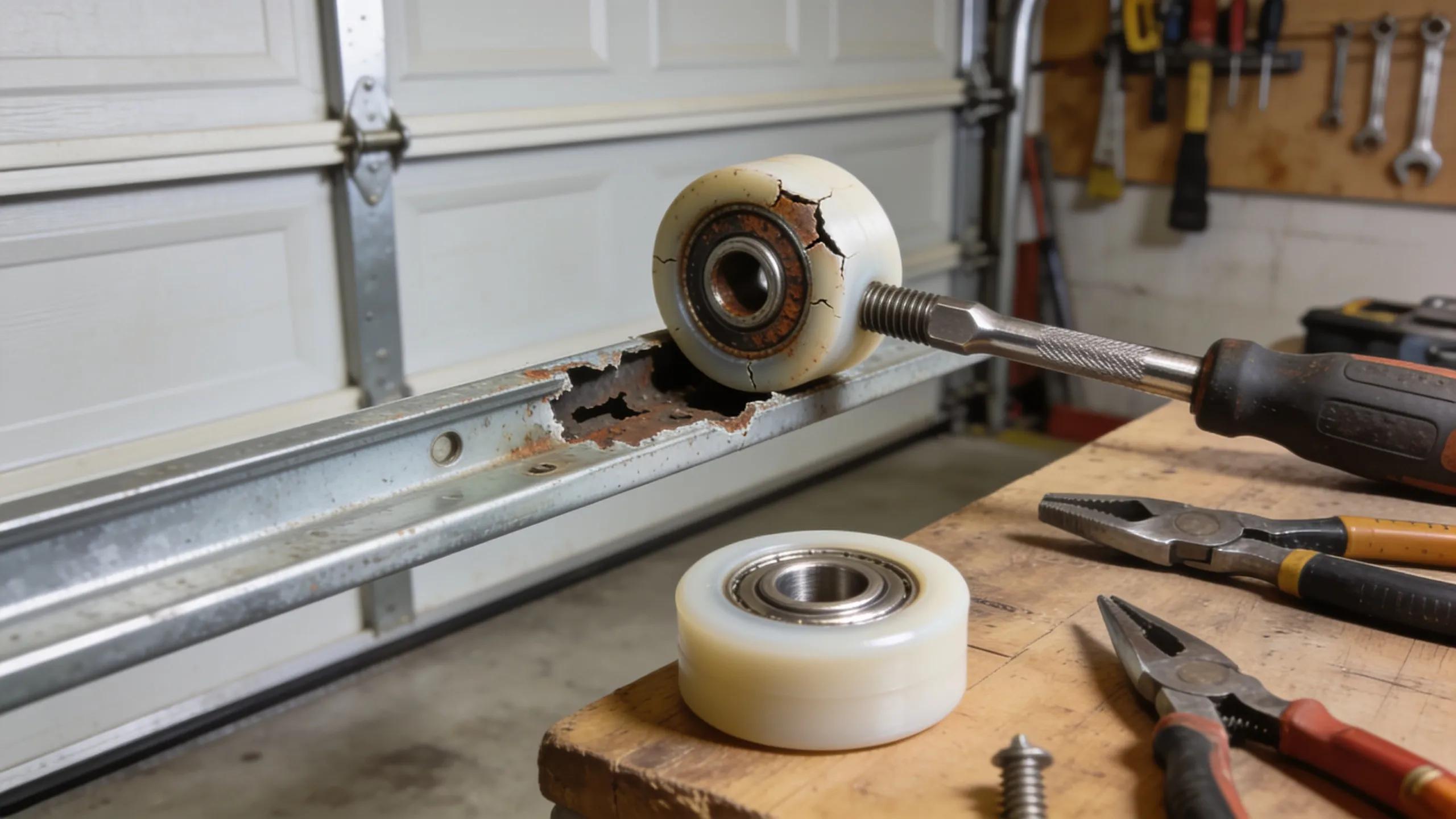 Replacing worn garage door rollers during maintenance