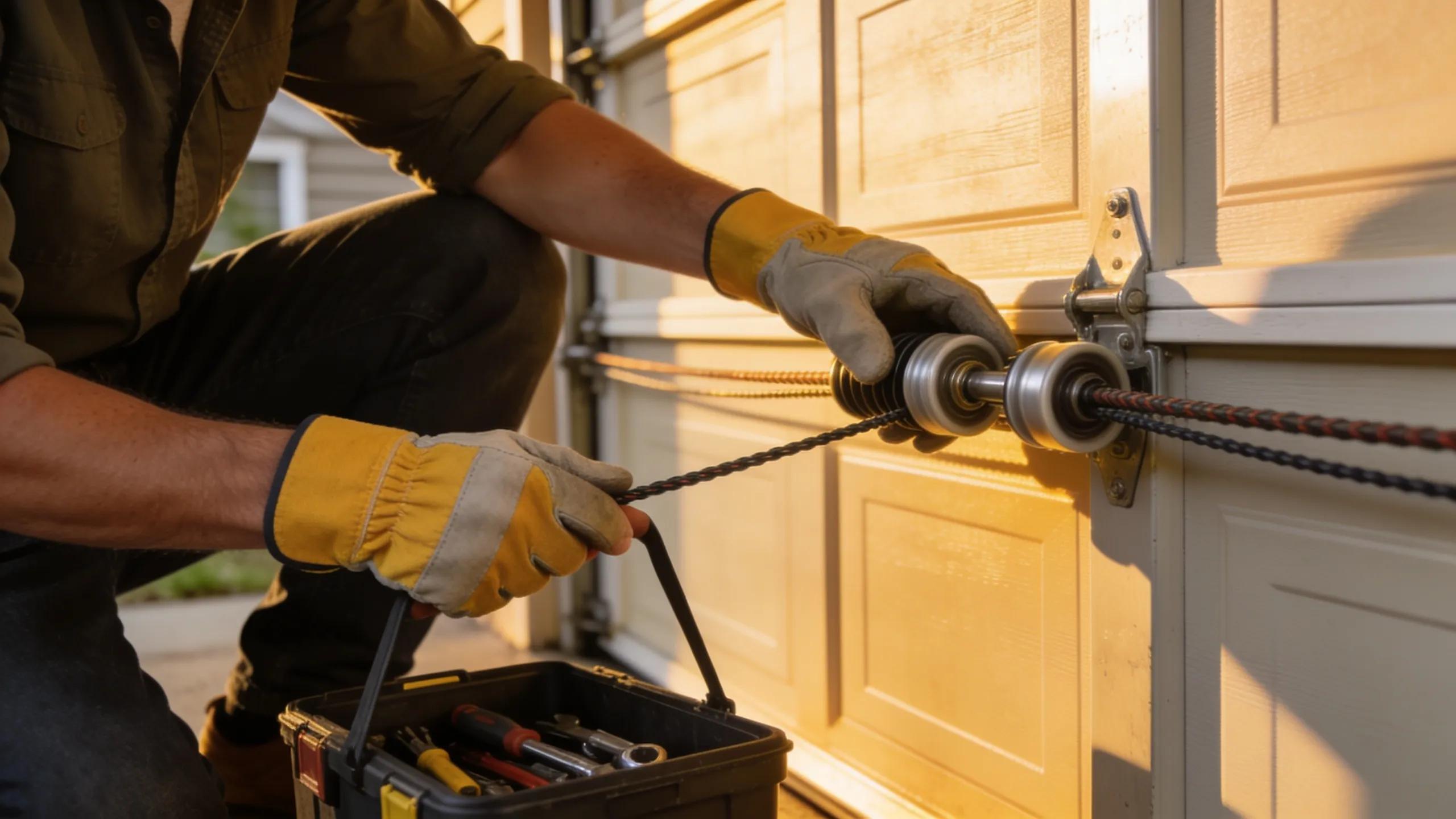 Person inspecting garage door rollers and cables for maintenance