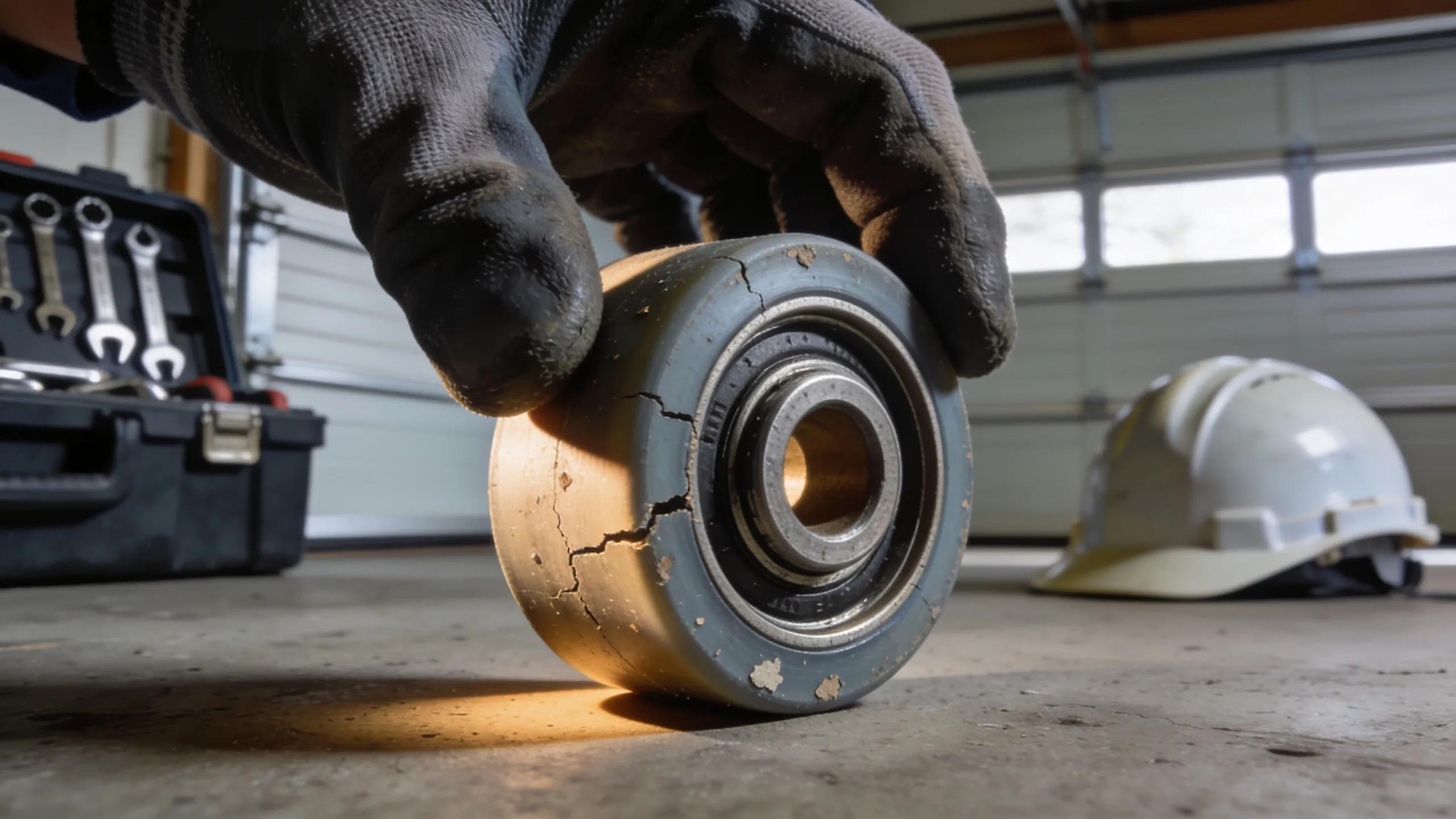 Technician examining worn garage door rollers with visible cracks