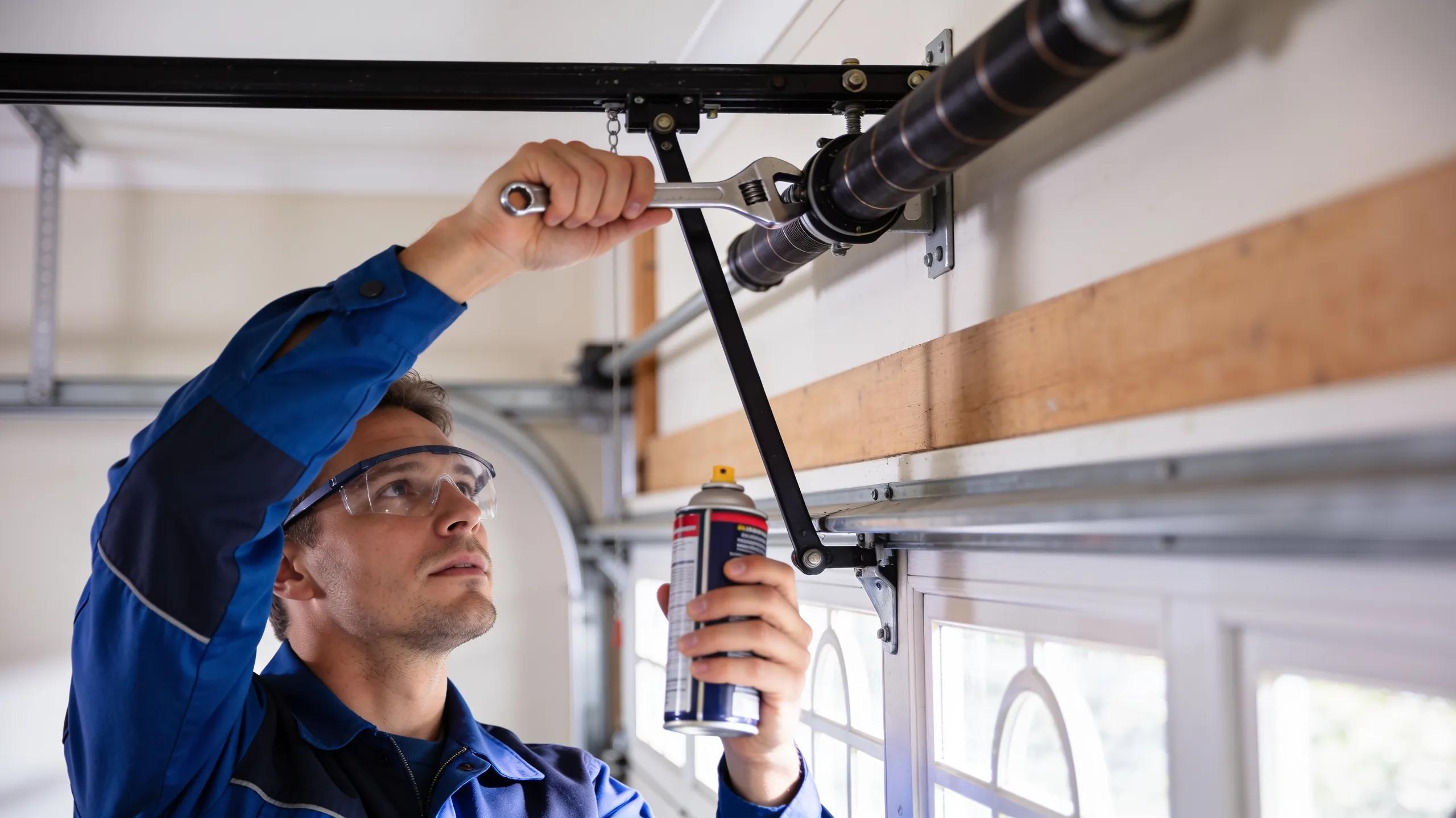 Technician repairing a garage door by realigning tracks, showcasing essential repair steps