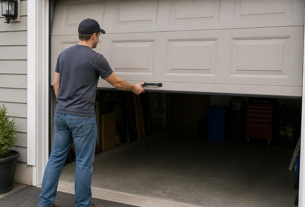 Homeowner pressing the wall button to open a garage door